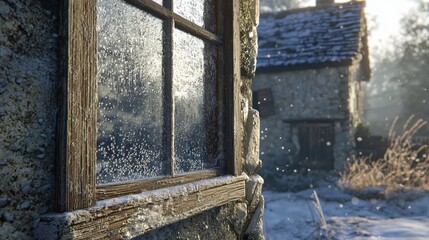 Snowy winter morning at a rustic cottage with frost-covered window panes illuminated by soft sunlight