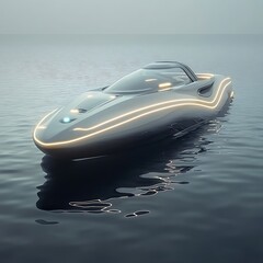 A sleek futuristic boat with smooth curves, glowing navigation lines, and a transparent canopy, gliding over calm, reflective water. 