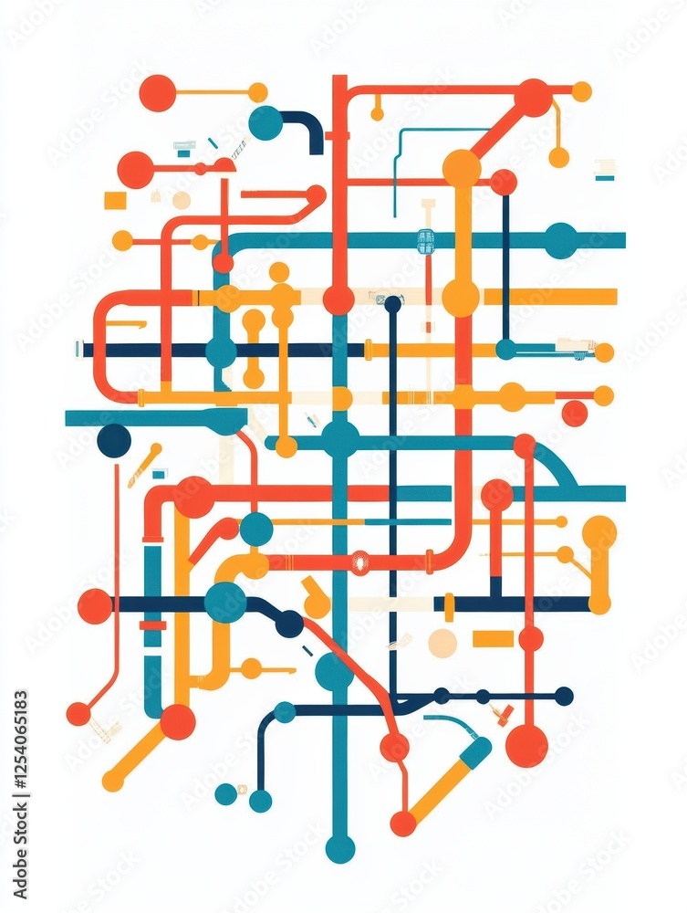 Poster Metro subway layout with colorful lines showcasing public transport routes for passengers in urban settings. Generative AI