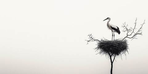Stork standing on a large nest atop a bare tree against a minimalistic pale background