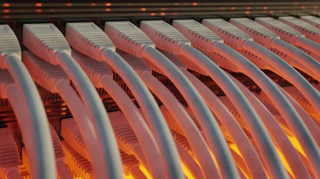 A close-up of network cables connected to a switch.