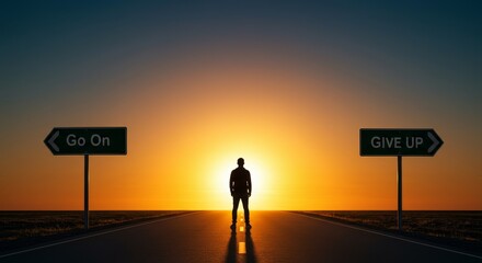 Fototapeta premium Road to Success: A Choice Between Perseverance and Sur - Silhouette of a person facing a crossroads, symbolizing decision-making, perseverance, resilience, ambition, and the future.