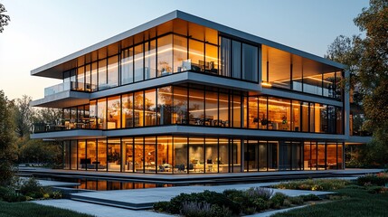 Obraz premium Modern glass house, dusk, garden, pool, luxury home