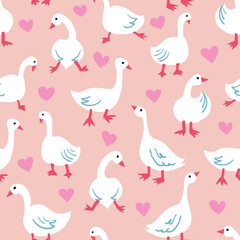 Cute Love Seamless Pattern with Goose and Hearts. Pink Vector Background