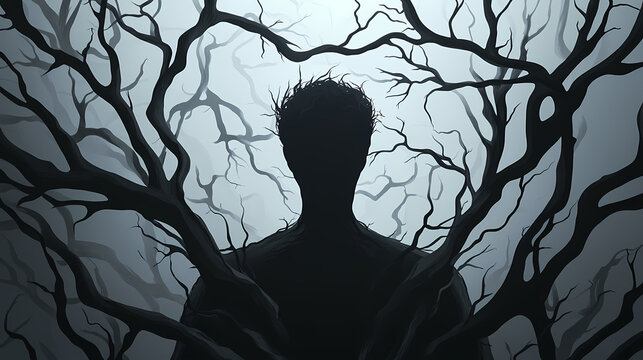 Eerie dark shadow figure with branches, evokes mystery and fear. Whispering Shadows. Illustration