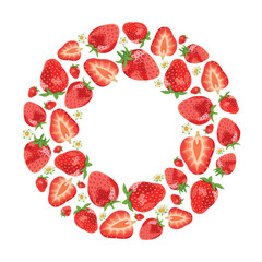 Sweet Strawberries and Half Berries in Wreath Shape Isolated on White Background