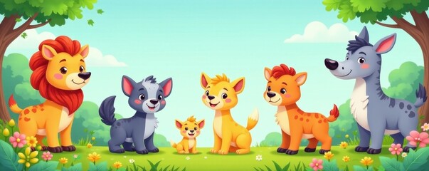 Naklejka premium Cute cartoon wildlife set, vibrant colors, playful poses, cute, bear, giraffe