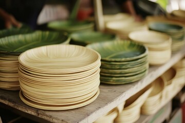 Stacks of woven bamboo plates and banana leaves showcase sustainable, eco-friendly dining options.