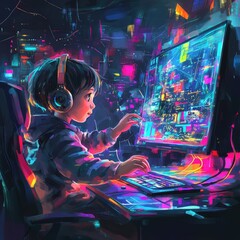 A boy is playing a video game on a computer