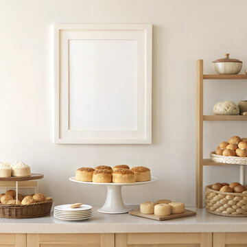Wall art mockup in cozy kitchen with fresh bread and scones display