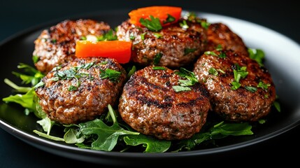 Savory gluten-free burger patties served on a bright plate in natural sunlight close-up view highlighting unique ingredients