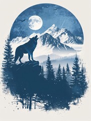 Fototapeta premium Howling wolf silhouette against full moon and mountains landscape at night. Mystic winter forest scenery for for t-shirt design, print, poster