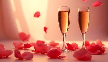 Close-up of two champagne glasses with rose petals