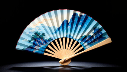 Elegant traditional Chinese fan showcasing blue landscape art, symbolism