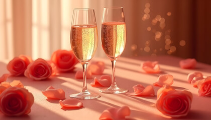 Close-up of two champagne glasses with rose petals