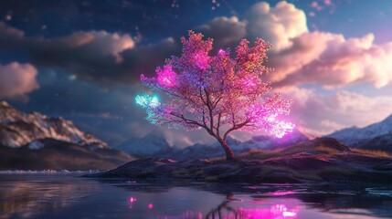 Neon Blossom Tree, a luminous tree with intricately detailed branches adorned with vibrant, glowing flowers illuminating the darkness