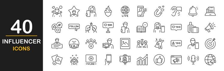 Influencer icon set. Containing influencer, celebrity, content, creation, like, vlogging, blog, vlogger, social media, passion, influence, followers, personal brand, digital marketing and more