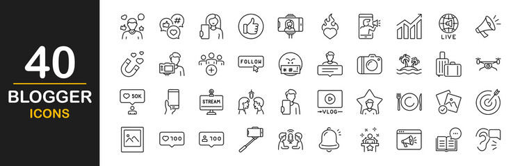 Blogger icon set. Containing influencer, content, creation, like, vlogging, blog, vlogger, social media,  followers, personal brand, video equipment, digital marketing and more