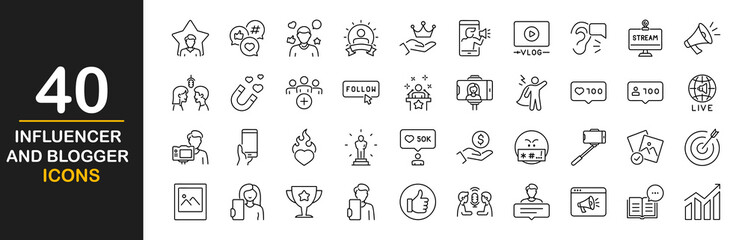 Influencer and blogger  icon set. Containing influencer, content, creation, vlogging, blog, vlogger, social media, video equipment, digital marketing and more. Vector illustration
