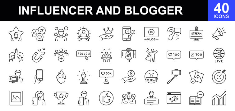 Influencer and blogger  icon set. Containing influencer, content, creation, vlogging, blog, vlogger, social media, video equipment, digital marketing and more. Vector illustration