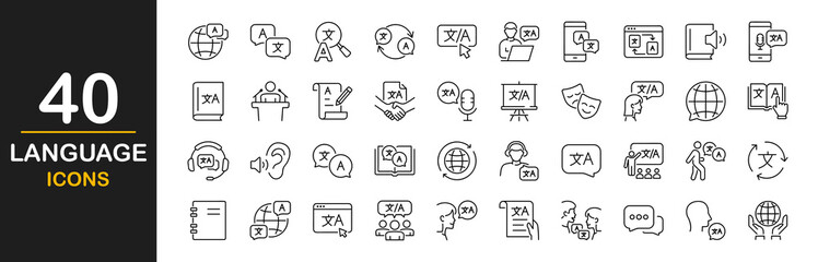 Language icon set. Contains such icons as speech, text, non-verbal, writing, translation, handshake, international business, language, bilingual, communication, dictionary and more