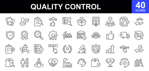 Quality control icon set. Containing inspection, evaluation, checklist, analysis, product, quality assurance, reward, bad quality, settings, customer review, process, testing and more