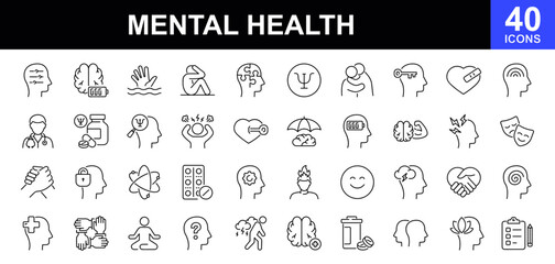 Mental health icons set.  Containing depression, anxiety, stress, mental care, empathy, loneliness, bipolar, PTSD, psychology symbol, panic, mind disorder and more. Vector illustration