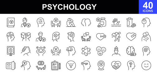 Psychology icon set. Containing session, psychoanalysis, mind, depression, anxiety, stress, mental care, empathy, loneliness, bipolar, psychology symbol, panic, and more. Vector illustration