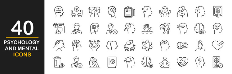Psychology and mental icons set. Containing depression, anxiety, stress, mental care, empathy, loneliness, bipolar, PTSD, psychology symbol, panic, mind disorder and more. Vector illustration