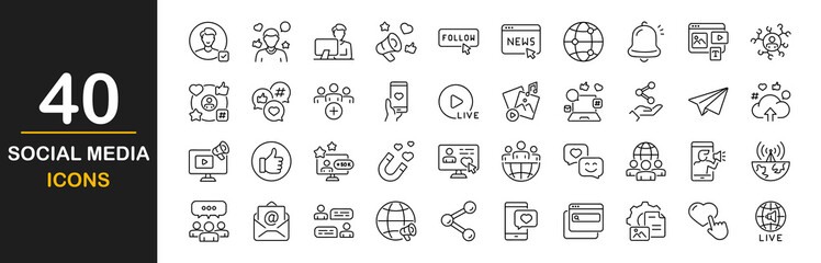 Social media icon set. Containing symbols content, posting, engagement, target audient, performance analysis, scheduling, influencer, like the like, message and more