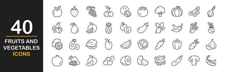 Fruits and vegetable icon set. Containing apple, banana, orange, grape, strawberry, watermelon, tomato, cucumber, cauliflower, eggplant, radish, mushroom, and more. Vector illustration