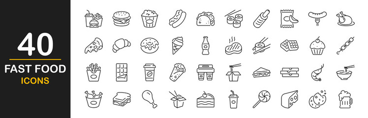 Fast food icon set. Containing burger, pizza, hot dog, donut, french fries, sandwich, ice cream, soda, kabab, sausage, burrito, and more. Fast food and drink. Vector illustration