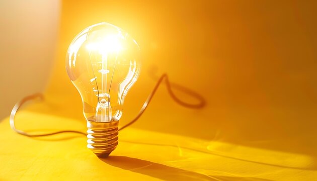 Glowing light bulb and wire on a sunny yellow backdrop, capturing the essence of new concepts and innovation in business and scientific fields. Minimalistic banner design.