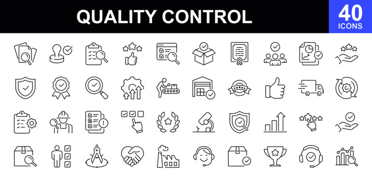 Quality control icon set. Containing inspection, evaluation, checklist, analysis, product, quality assurance, reward, bad quality, settings, customer review, process, testing and more