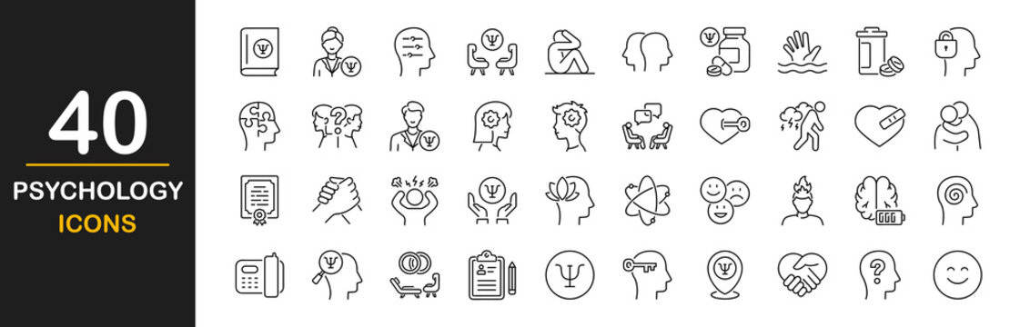 Psychology icon set. Containing session, psychoanalysis, mind, depression, anxiety, stress, mental care, empathy, loneliness, bipolar, psychology symbol, panic, and more. Vector illustration
