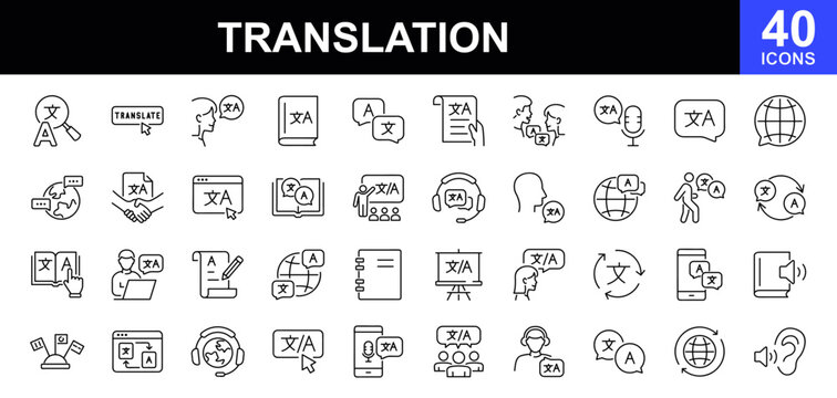 Translation icon set. Included the icons as translate, translator, language, bilingual, dictionary, communication and more. Linguistics concept. Set of line icons. Vector illustration