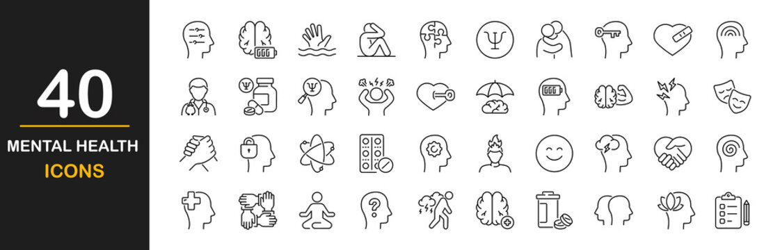 Mental health icons set.  Containing depression, anxiety, stress, mental care, empathy, loneliness, bipolar, PTSD, psychology symbol, panic, mind disorder and more. Vector illustration