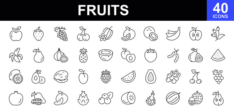 Fruits icon set. Containing apple, banana, orange, grape, strawberry,  watermelon, coconut, avocado, lemon, pear, pineapple, kiwi,  mango and more. Vector illustration