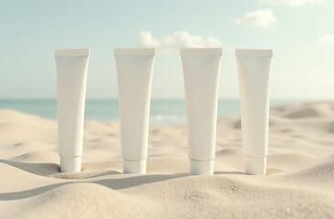 Mockup White Tube Bottle Cosmetic Jar on sand of beach. AI Generative