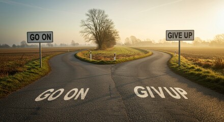 Fork in the Road: Go On or Give Up - A rural road splits into two paths, symbolizing choices, decisions, challenges, perseverance, and the future.  Sunrise illuminates the scene