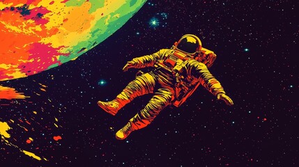 Astronaut floating in vibrant outer space with colorful planet in the background