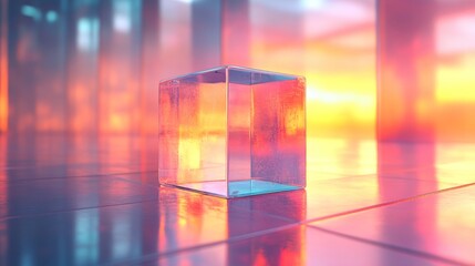 Translucent cube rests on reflective surface with vibrant color reflections