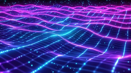 Fototapeta premium A digital-inspired texture featuring a grid of glowing neon lines interwoven with tiny data points. The surface should look like a futuristic circuit board, with glowing edges and a sense of motion. 