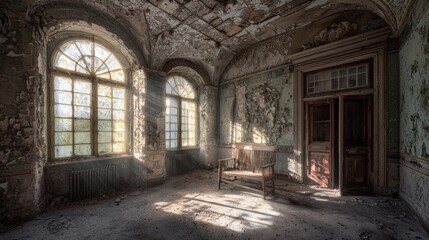 Abandoned room with vintage chair and sunlight filtering through dusty windows at an old building