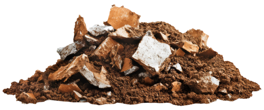 Bauschutt mit Erde, freigestellt auf transparentem Hintergrund.