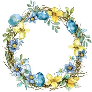 Osterkranz mit blauen und gelben Blumen sowie gef&auml;rbten Ostereiern