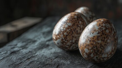 Close-up of speckled eggs on a textured surface