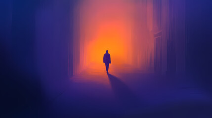 A mysterious figure walks alone in a foggy alley, illuminated by the dim glow of streetlights, evoking a sense of intrigue and solitude. Whispering Shadows. Illustration