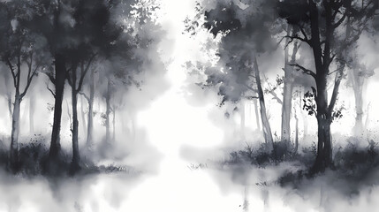 A serene black and white watercolor forest scene shrouded in mist, evoking calm and mystery. Whispering Shadows. Illustration