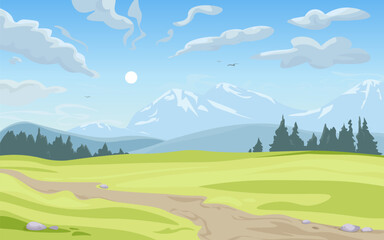 Alpine meadows and beautiful mountains, forests and sky, vector illustration. Panoramic landscape of green fields, amazing mountains on a clear day with gentle clouds in the blue sky.